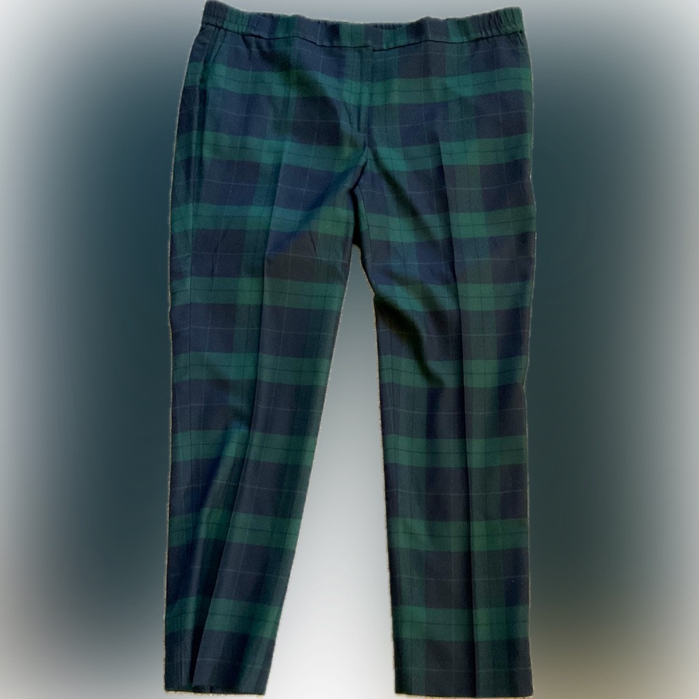 Talbots Women Tartan Green 14W Elastic Waist Wool Spandex Blend Fully Lined